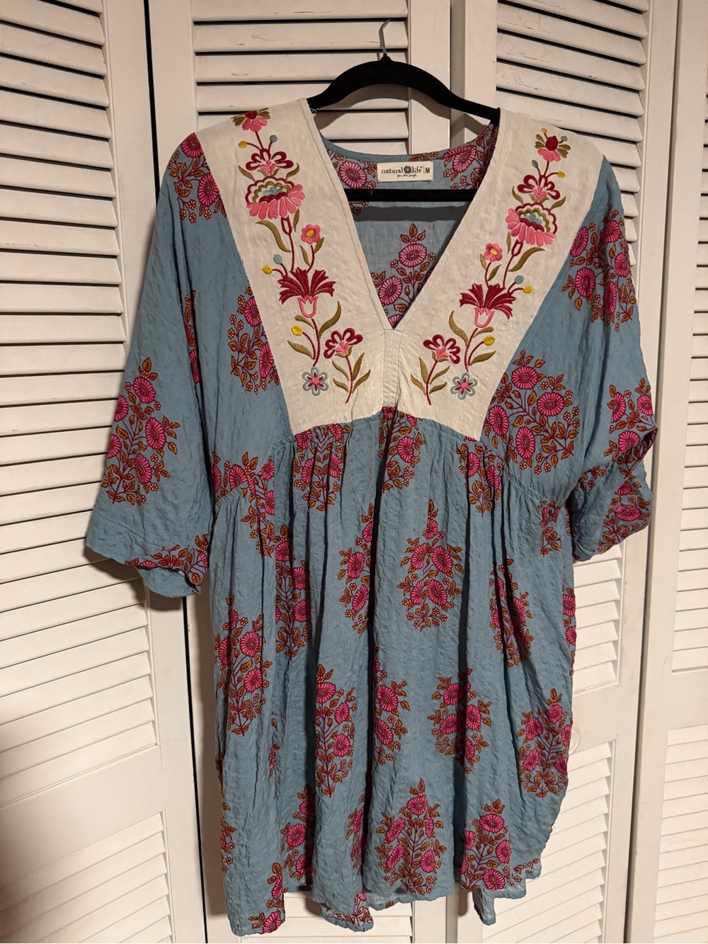 NATURAL LIFE Blue Tunic with Pink Floral Embroidery